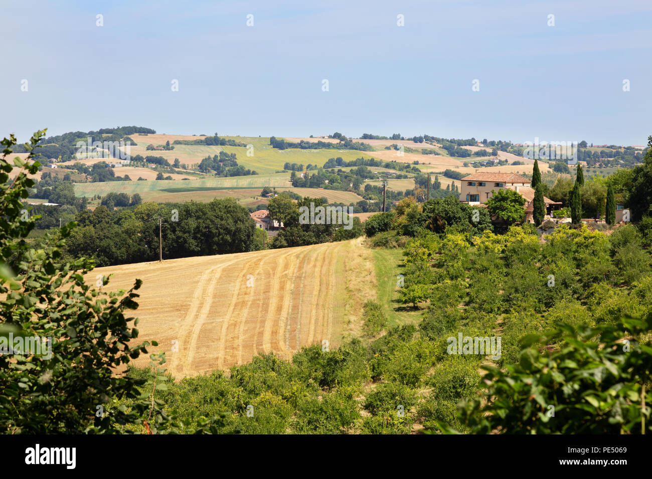 Französische Landschaft und Ackerbaubetrieb, Lot-et-Garonne, Aquitaine Frankreich Europa Stockfoto