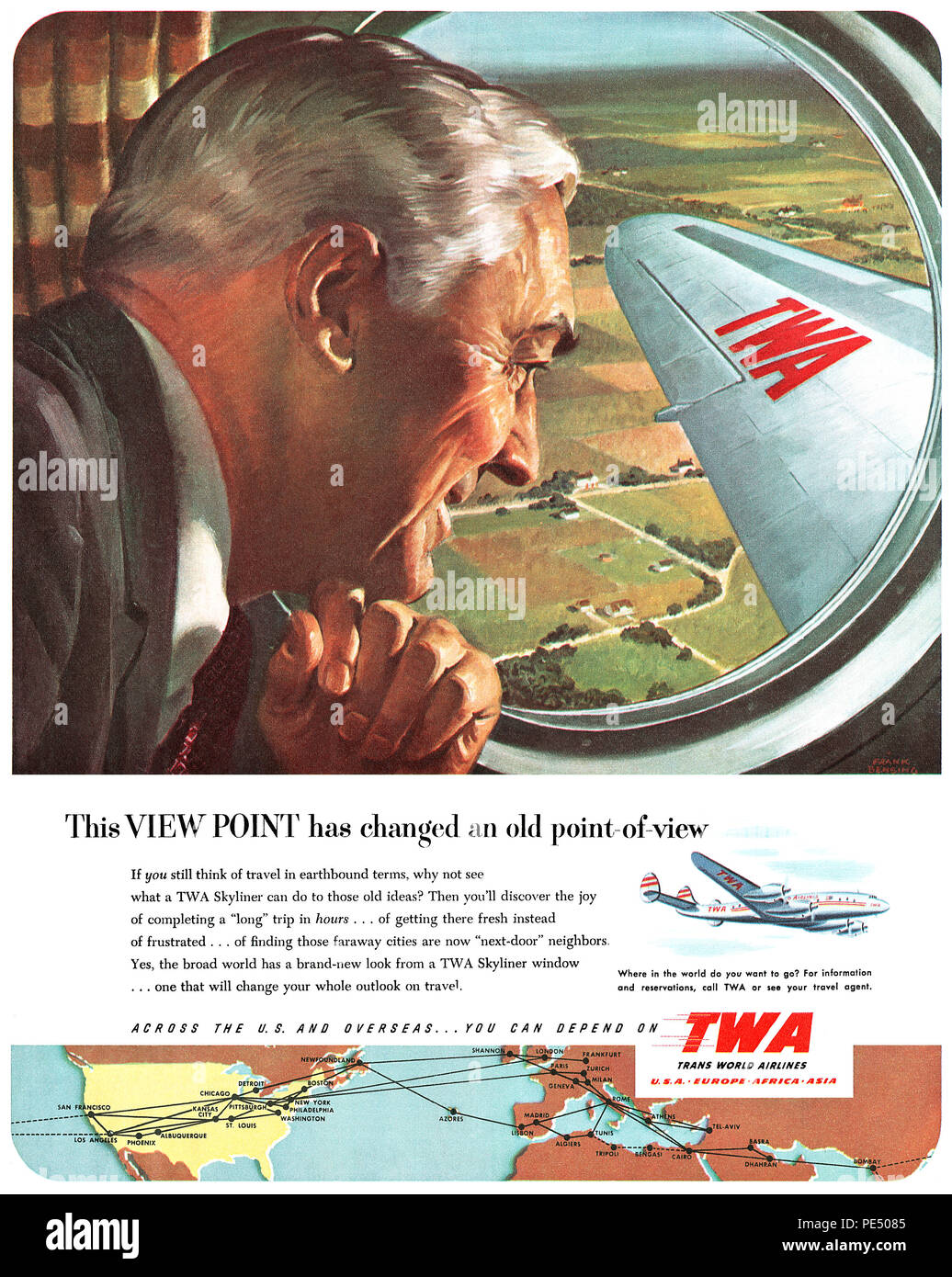 1951 US-Werbung für TWA (Trans World Airlines). Stockfoto