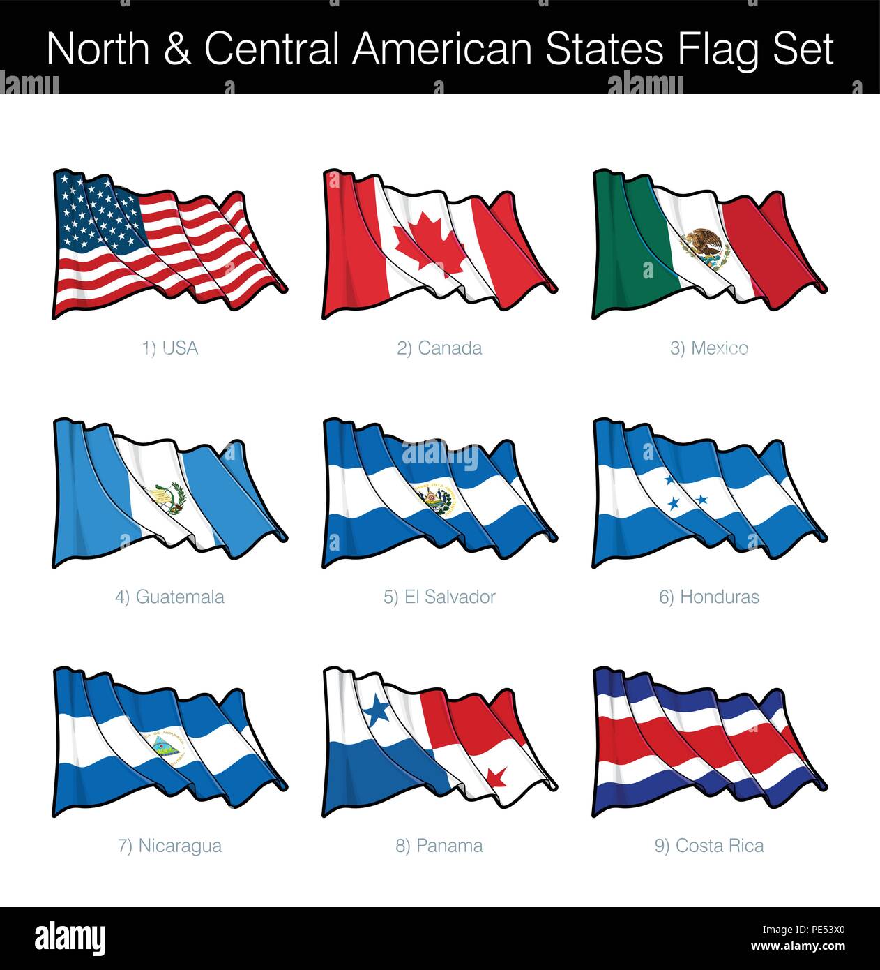 Nord- und Mittelamerikanischen Staaten wehende Flagge gesetzt. Das Set beinhaltet die Flaggen der USA, Kanada, Mexiko, Guatemala, El Salvador, Honduras, Nicaragua, Pan Stock Vektor