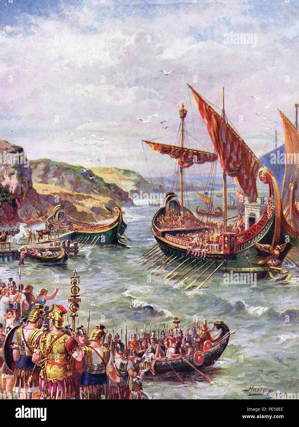 Römische Invasion Großbritanniens von Julius Caesar. Abbildung: Durch das englische Militär Künstler Harry Payne über 1910 Stockfoto
