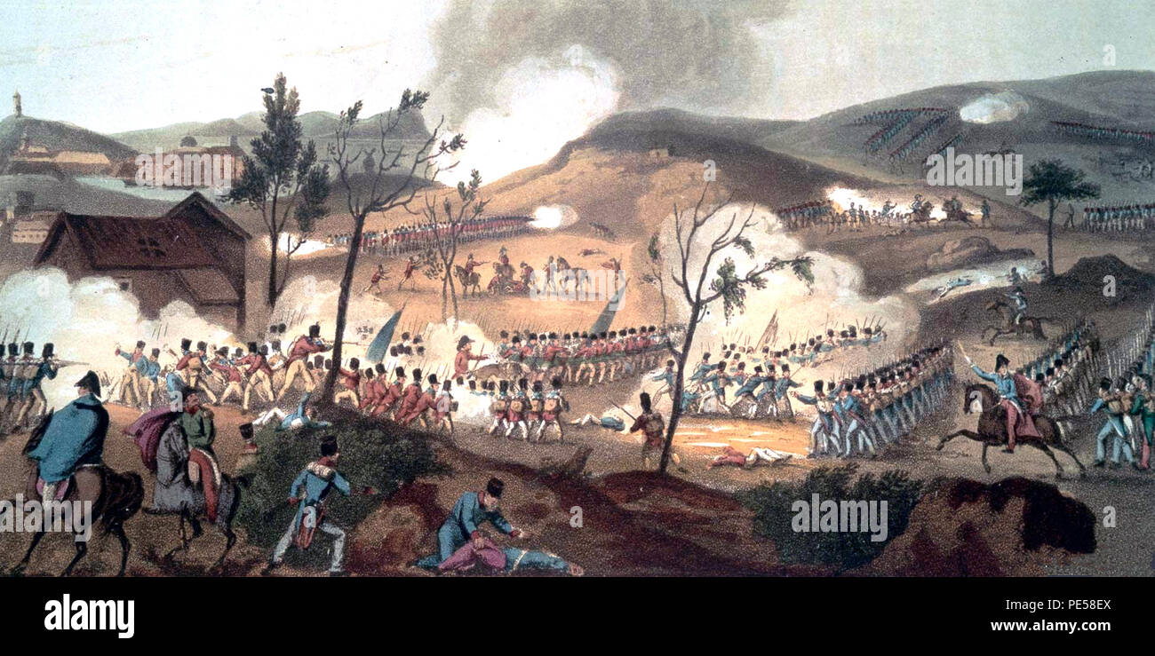 Schlacht von La Coruña, 16. Januar 1809. Eine acquatint vom "kriegerischen Leistungen von Großbritannien und ihre Verbündeten von 1799-1815' von James Jenkins Veröffentlicht in 1815 Stockfoto