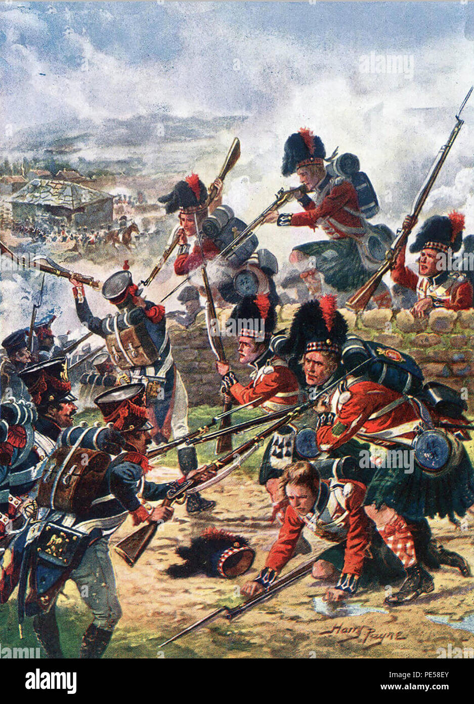 Schlacht von La Coruña, 16. Januar 1809. Der 42nd Highlanders die Black Watch kämpfen ein Nachhutgefecht. Von englischen Krieg Künstler Harry Payne über 1912 Stockfoto