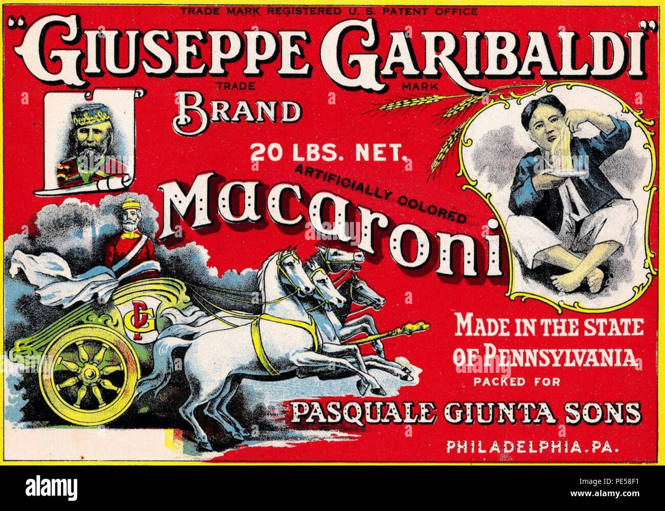 Makkaroni ein Ende des 19. Jahrhunderts amerikanische Marke von Teigwaren, die Großschreibung auf die Popularität von Garibaldi, vor allem unter den italienischen Einwanderer, Stockfoto