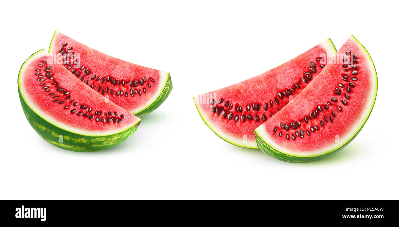 Zwei Bilder von Wassermelone Stücke auf weißem Hintergrund mit Freistellungspfad isoliert Stockfoto