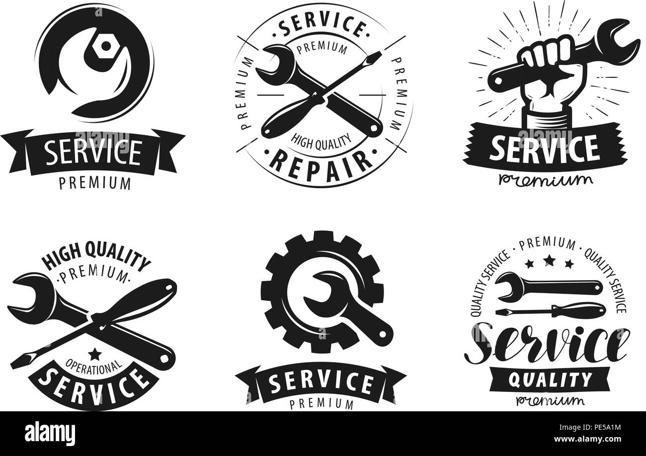 Service, Reparatur Set von Beschriftungen oder Logos. Wartungsarbeiten Symbol. Vektor auf weißem Hintergrund Stock Vektor