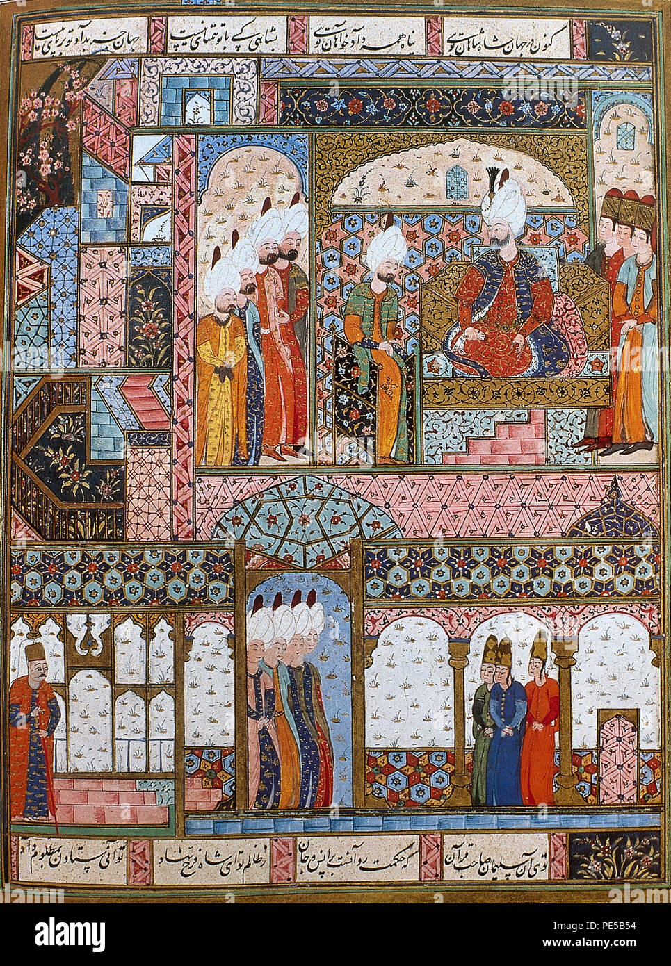 Suleiman dem Prächtigen (1494-1566). Osmanische Sultan. Suleiman die Rechtsetzung in der Topkapi Palast. Miniatur von Suleymanname, 16. Topkapi Palast Museum. Istanbul, Türkei. Stockfoto