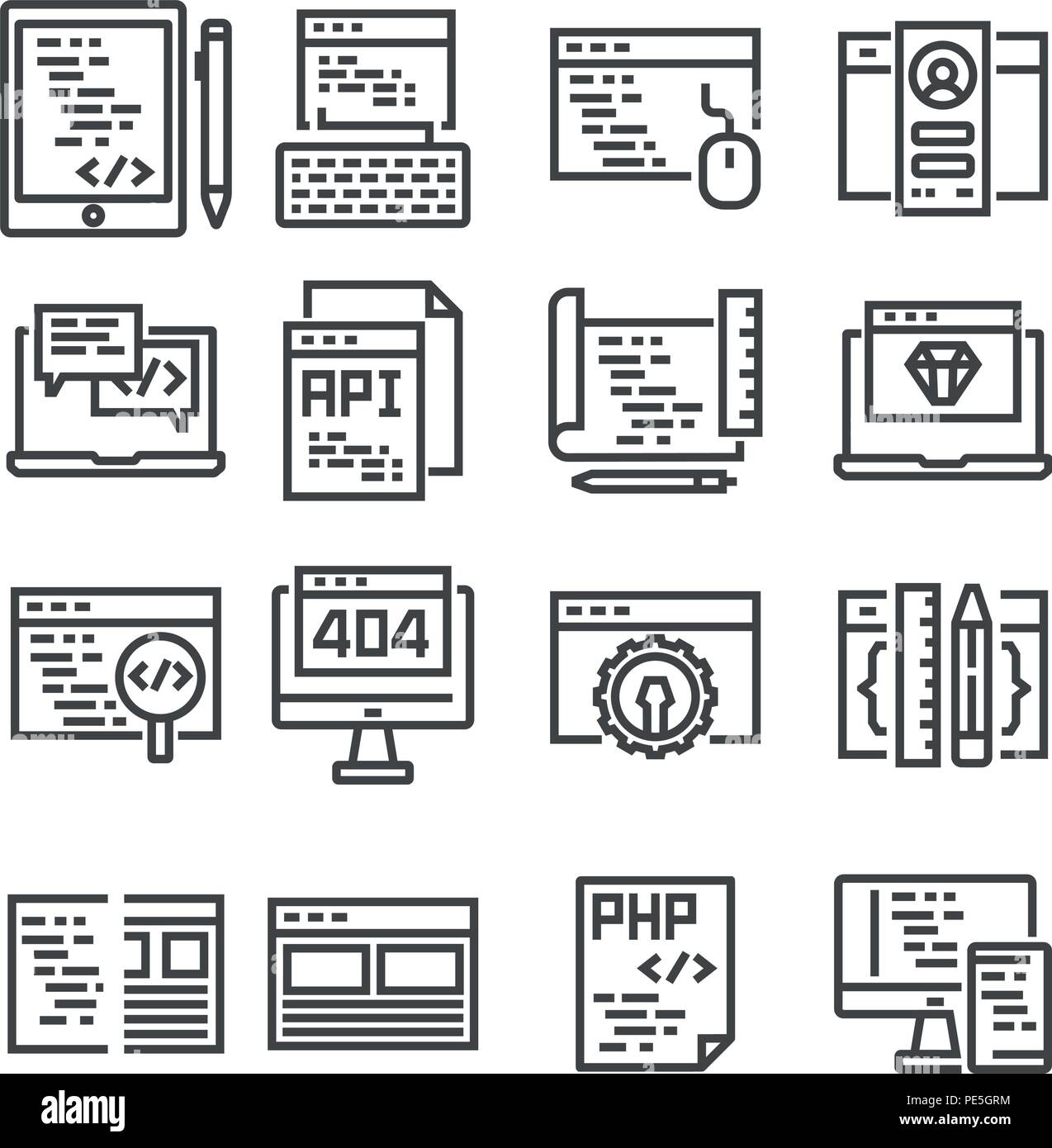 Der Vektor web Entwicklung Zeile für Symbole auf weißem Hintergrund Stock Vektor