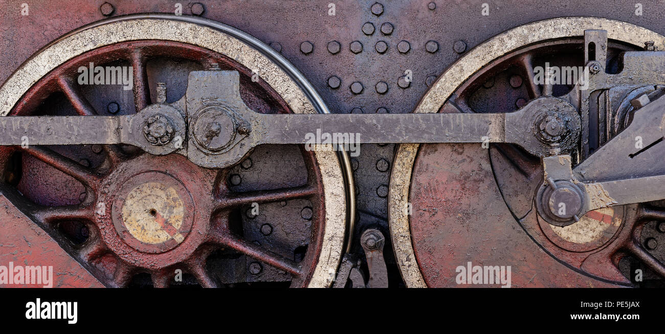 Räder der alten Dampflok, Nahaufnahme, industriellen Hintergrund Stockfoto