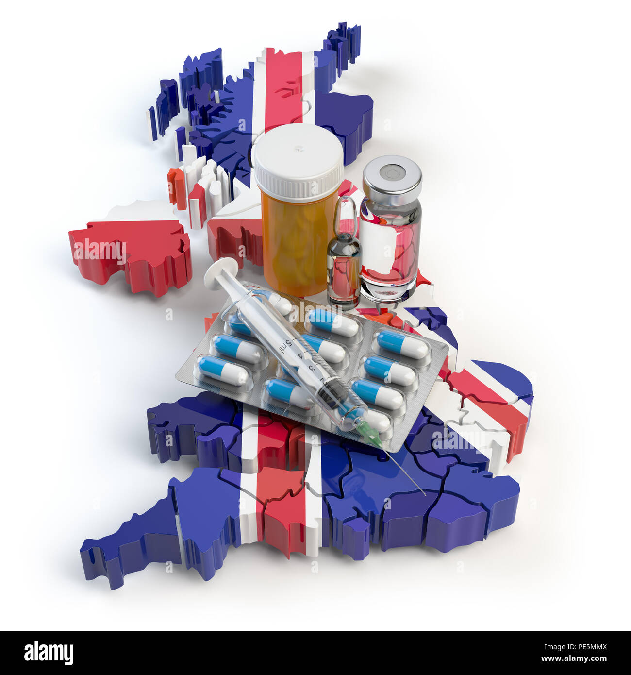 Gesundheit, Gesundheitswesen, Medizin und Pharmazie in Großbritannien Großbritannien Konzept. Pillen, Vials und Spritzen auf der Karte von Großbritannien isoliert auf weißem Hintergrund. 3d-Illu Stockfoto