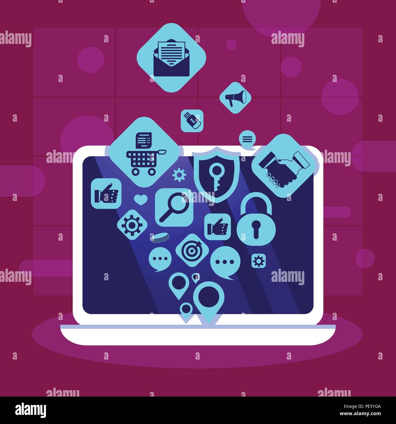 Laptop Netzwerk Anwendungen Symbole Social Media Networking Konzept für Design und Animation flach Stock Vektor