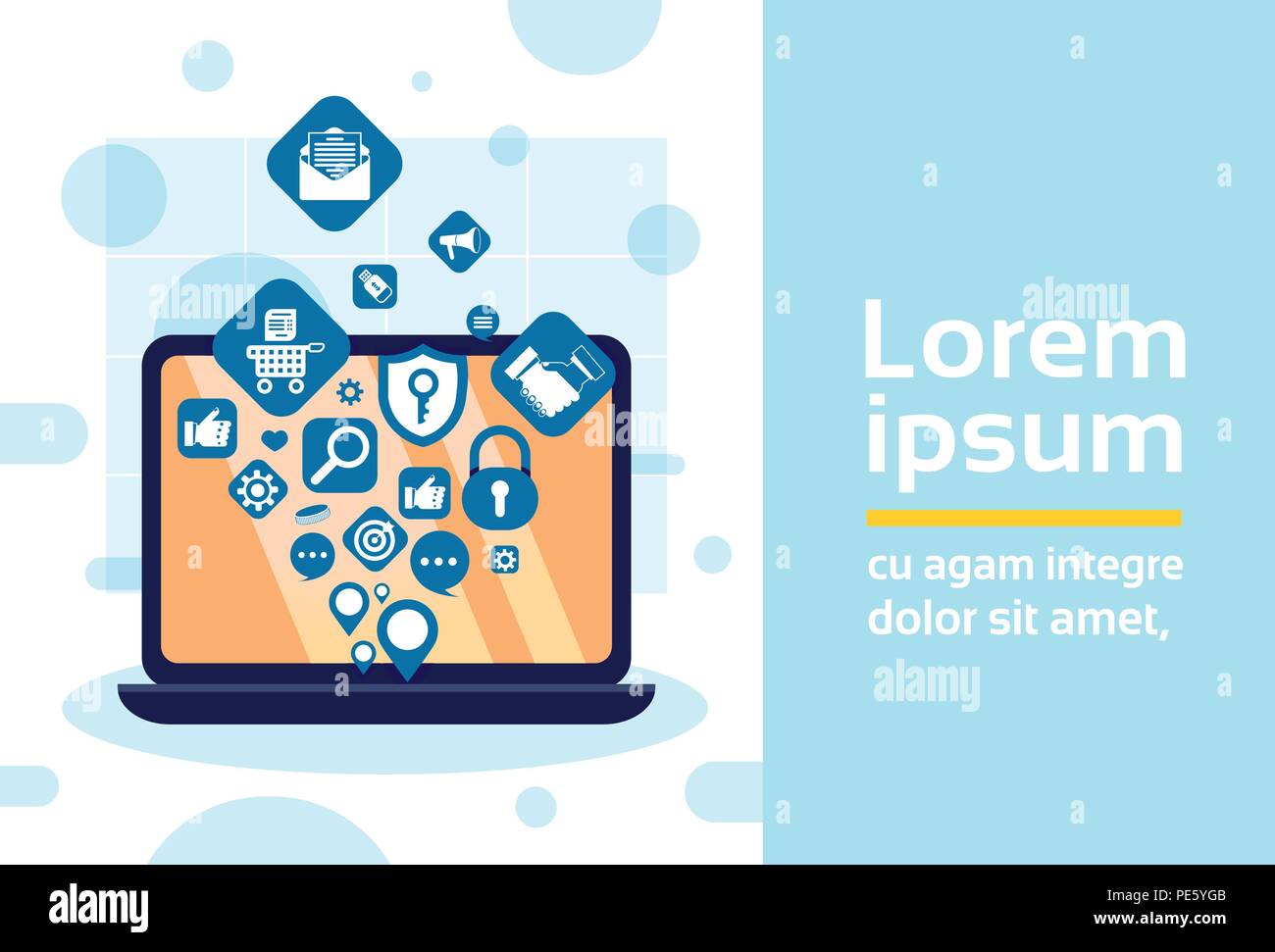 Laptop Netzwerk Anwendungen Symbole Social Media Networking Konzept für Design und Animation kopieren Raum horizontal Stock Vektor