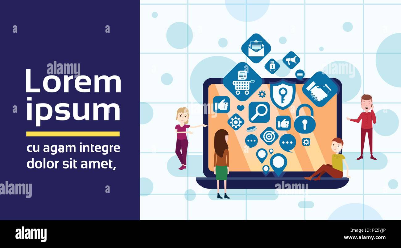 Laptop Mann Frau Team Netzwerk Anwendungen Symbole Social Media Networking Konzept für Design und Animation horizontalen flachen Stock Vektor