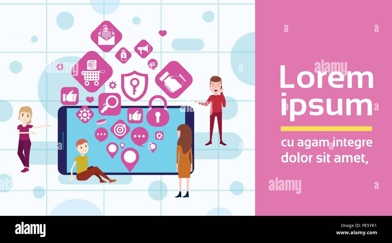 Mobile App Mann Frau Team Netzwerk Anwendungen Symbole Social Media Networking Konzept für Design und Animation horizontalen flachen Stock Vektor