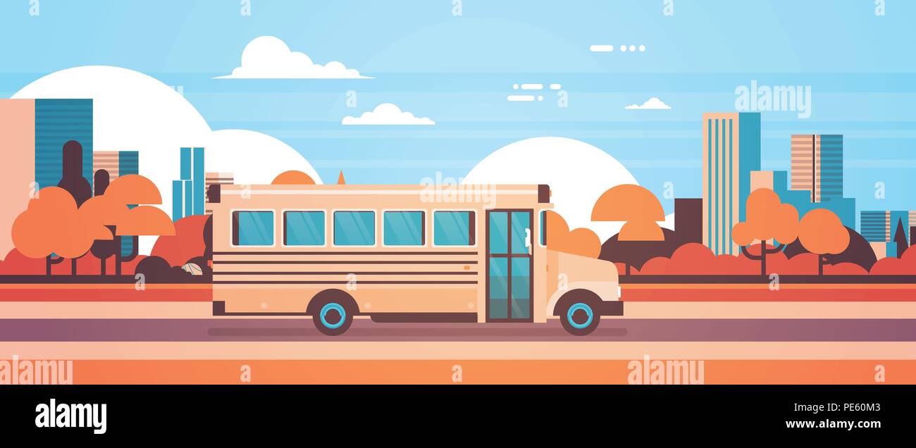 Gelbe Bus zurück zur Schule Schüler Verkehrskonzept auf Herbst Stadtbild Hintergrund Flachbild banner Stock Vektor