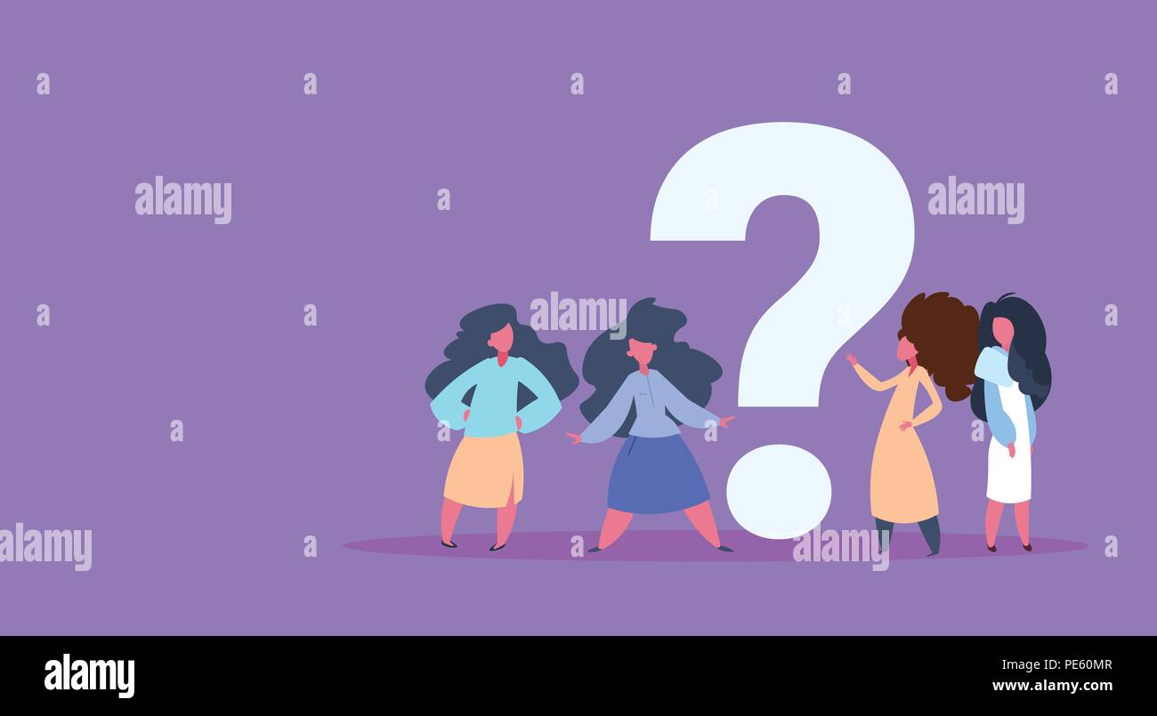 Informelle Besucherin Fragezeichen zusammen weiblichen Charakter Vielfalt stellt violette Hintergrund voller Länge horizontale Cartoon flach Stock Vektor