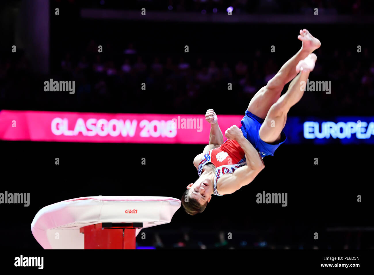 Glasgow, Schottland, Großbritannien. 12. August 2018. LANKIN Dmitrij (RUS) konkurriert auf der Wölbung in der Männer Turnen Gerätefinale bei den Europameisterschaften 2018 in Glasgow an der SSE Hydro am Sonntag, den 12. August 2018. GLASGOW SCHOTTLAND. Credit: Taka G Wu Stockfoto