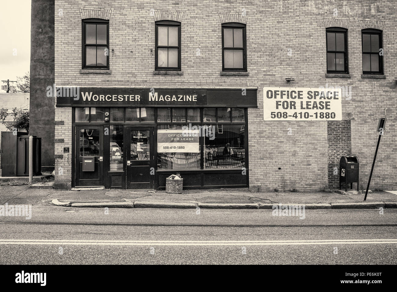 Ehemalige Worcester Magazin Büro Ecke Harrison Street und der Water Street, Worcester, MA Stockfoto