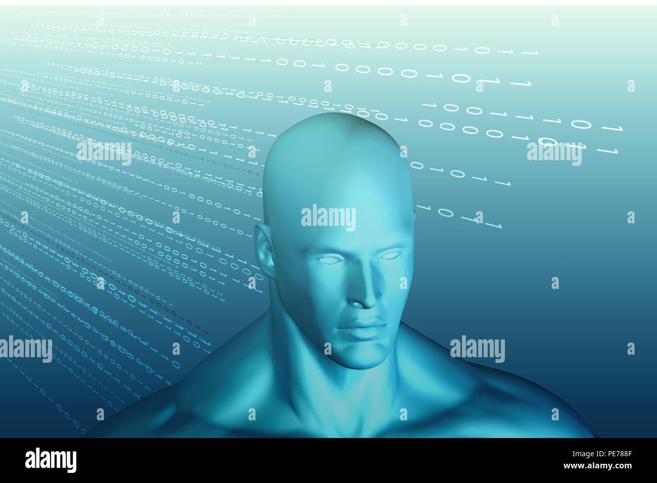 3D-Rendering des menschlichen Kopf auf einem Hintergrund mit binären Code Stockfoto