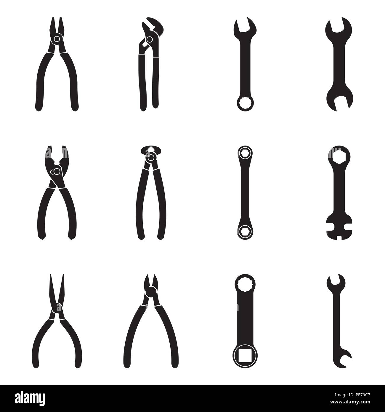 Hand tools Symbol gesetzt. Zange und Schraubenschlüssel. Silhouette Vektor Stock Vektor