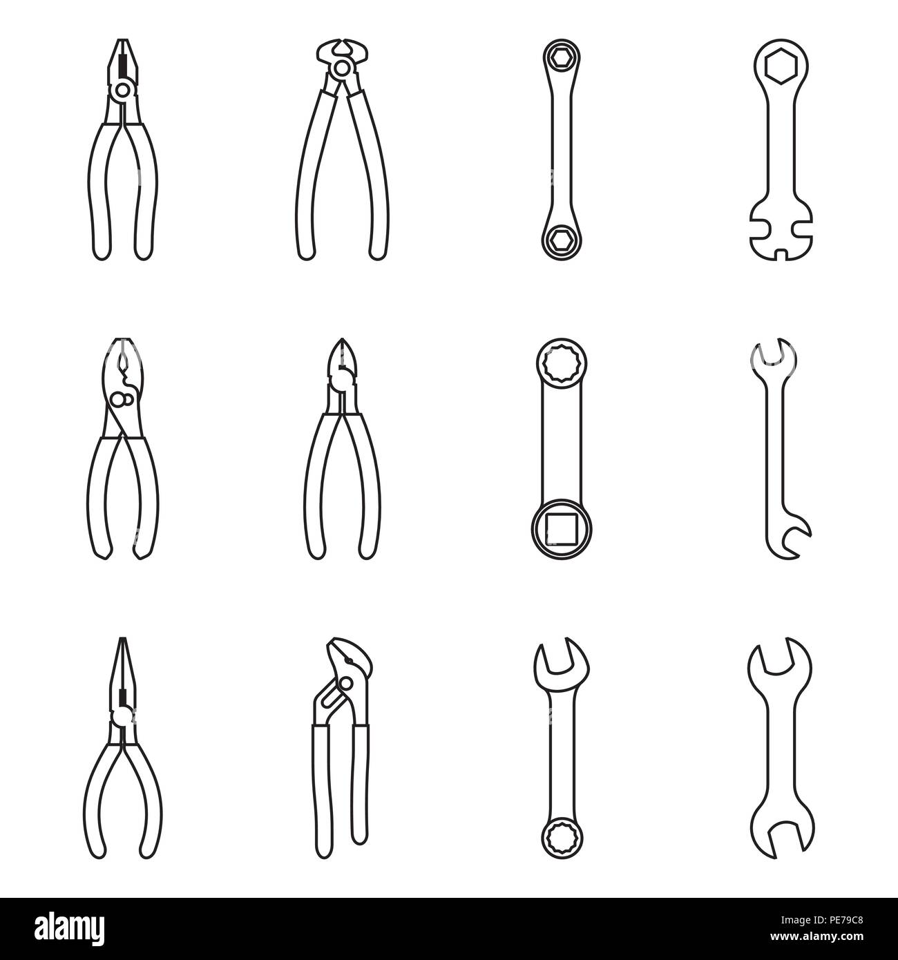 Hand tools Symbol gesetzt. Zange und Schraubenschlüssel. Vektor, dünne Linie Stock Vektor