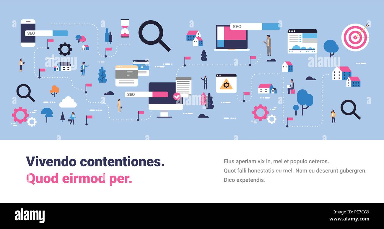 Search Engine Optimization Karte Kunde Produkt bewegen Website Promotion seo mobile Computer Anwendung isometrische web agentur Arbeitnehmer Charakter waagrechten Banner kopieren Raum Stock Vektor