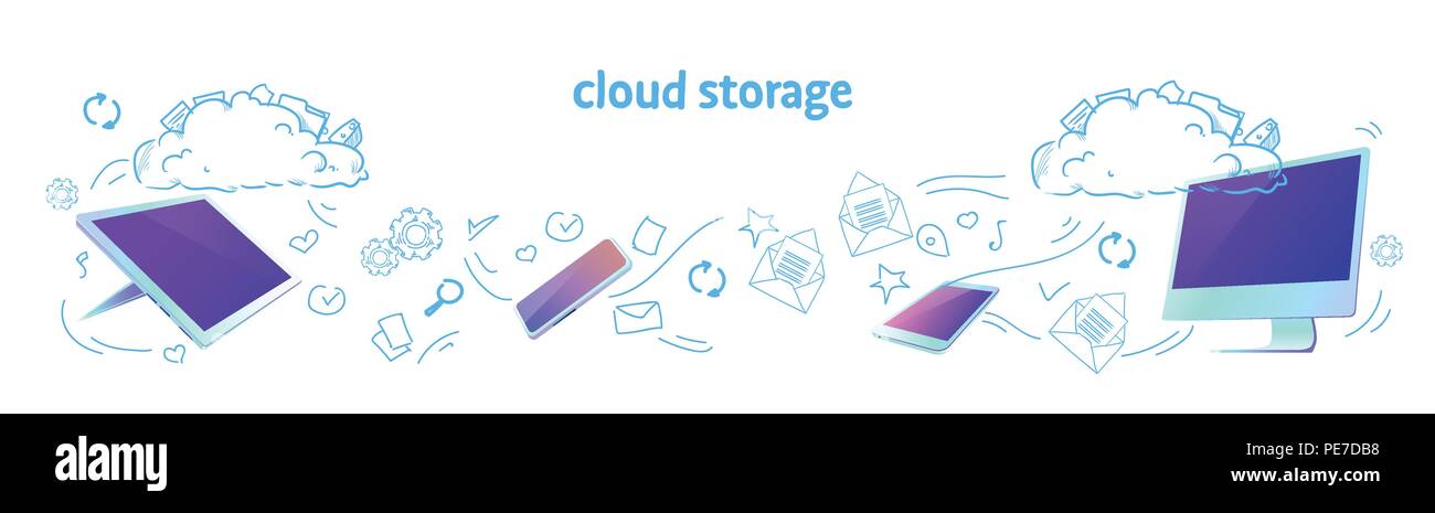 Data Cloud Storage online Synchronisation-Datenbank Konzept horizontaler banner Skizze doodle Stock Vektor