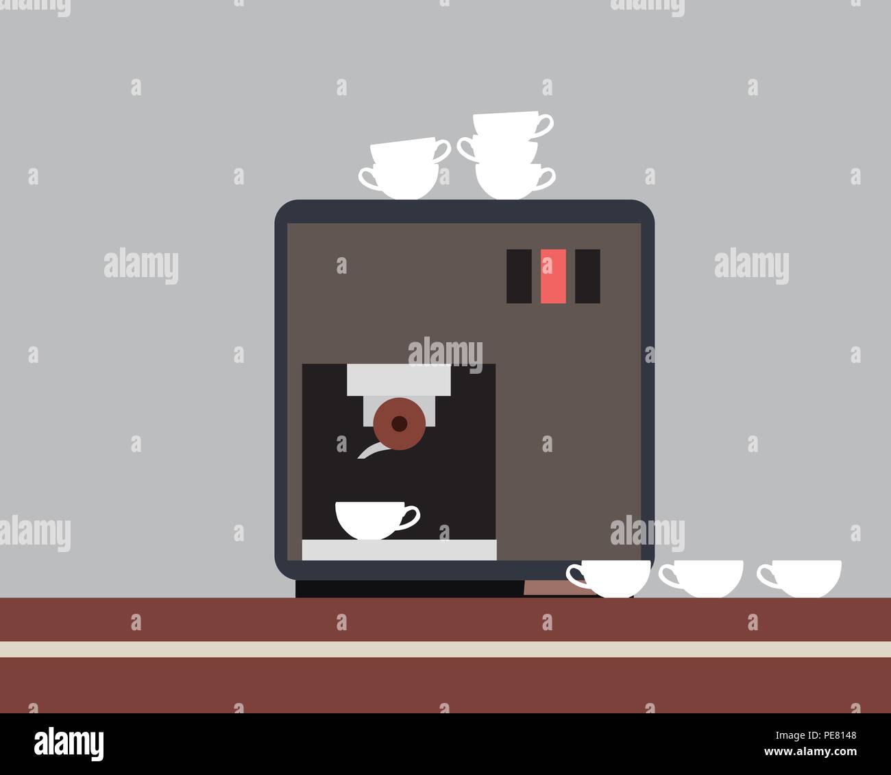 Kaffeemaschine oder Espressomaschine auf einem braunen Tisch mit weißem Porzellan Tassen-Vektor Stock Vektor