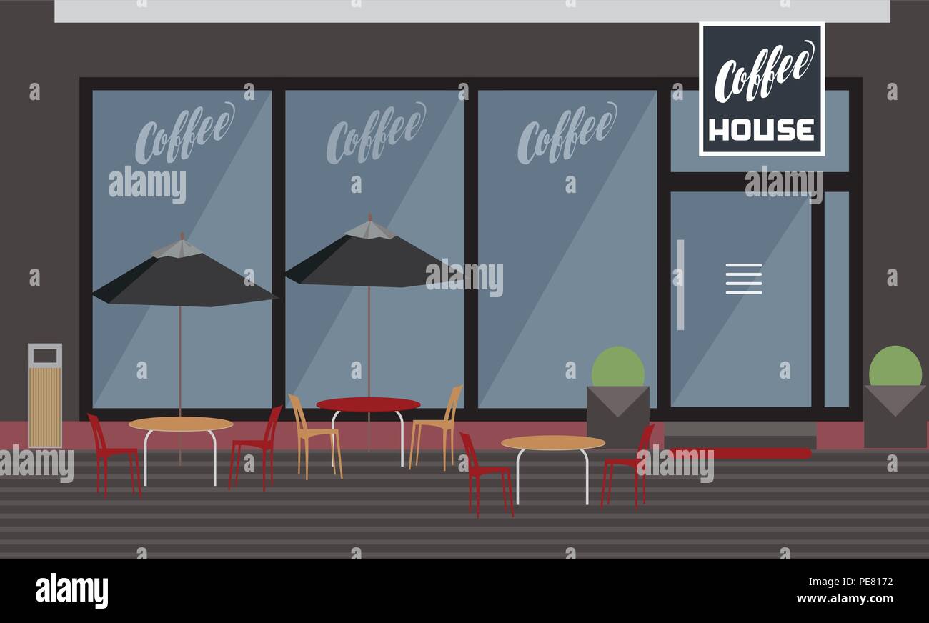 Die Außenseite des Kaffee Haus mit Garten Restaurant, Tische und Stühle unter Regenschirmen, mit Fenster und Tür-Vektor Stock Vektor
