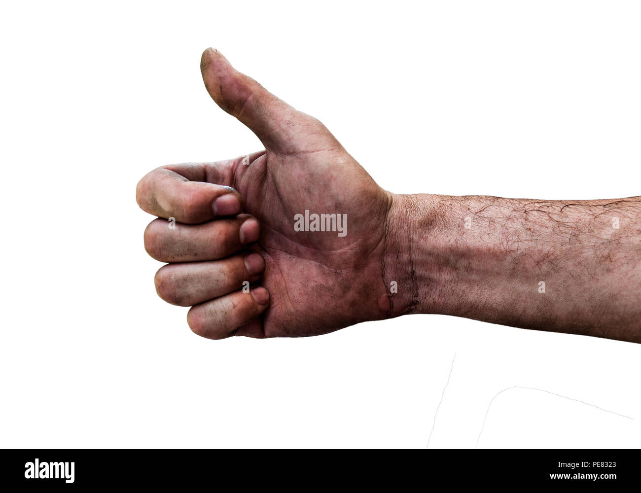 Schmutzige Hand eines Mannes mit Daumen oben auf weißem isoliert Stockfoto