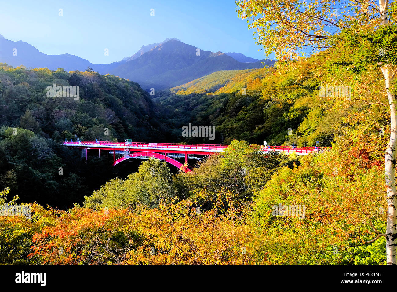 Higashisawa OOHashi = Akai Hashi (Brücke) auf der Kiyosato Highlands Stockfoto