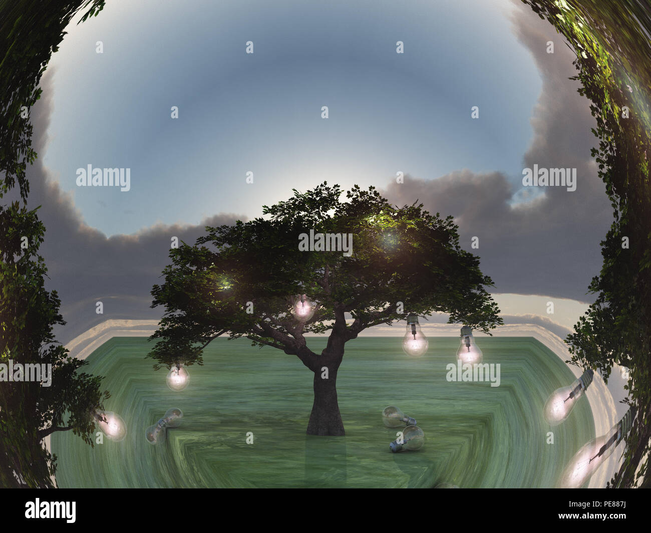 Surreale digitaler Kunst Baum mit Glühbirnen symbolisiert Wissen und Ideen. Stockfoto
