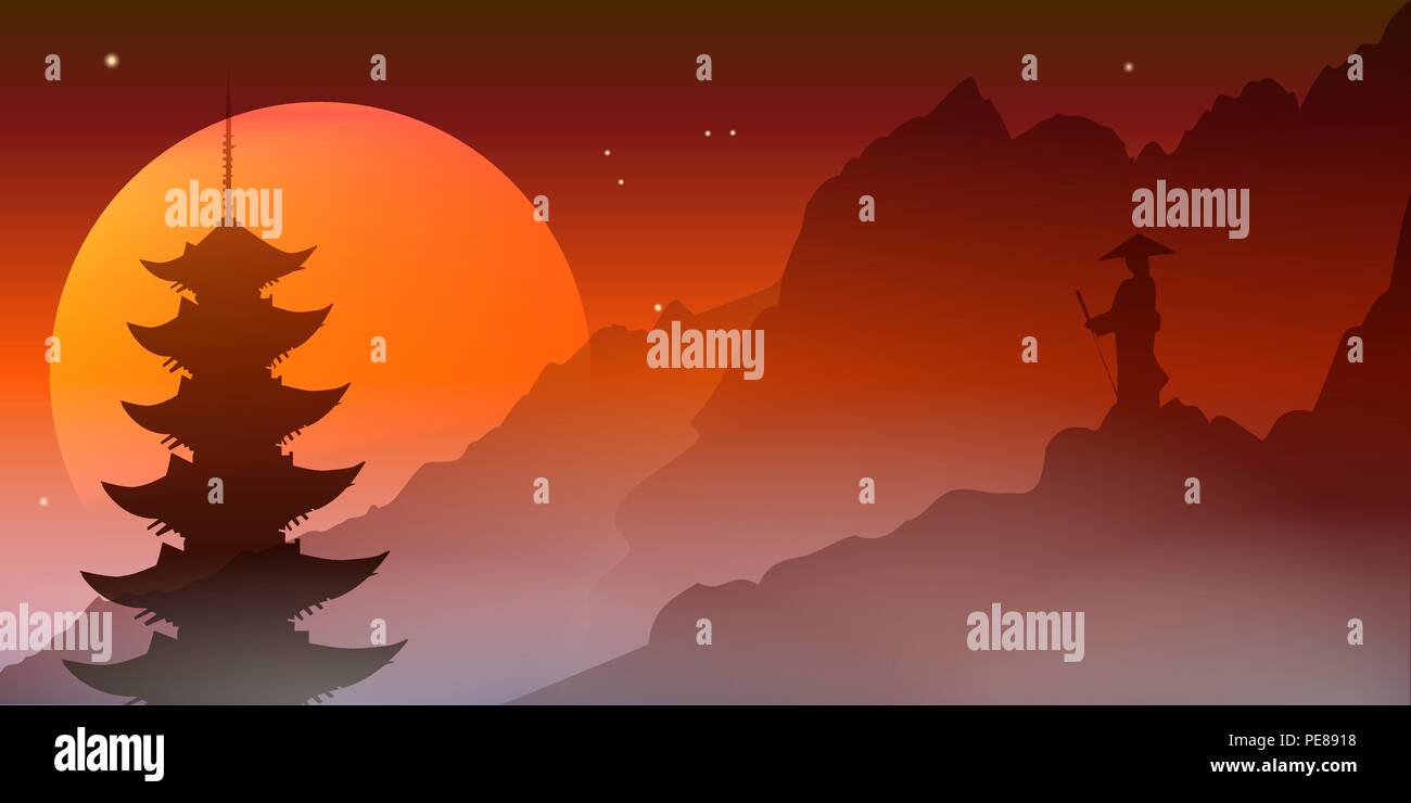 Japanische Pagode bei Sonnenuntergang Landschaft und Wallfahrt Mönch auf einem Berggipfel. Vector Illustration. Stock Vektor