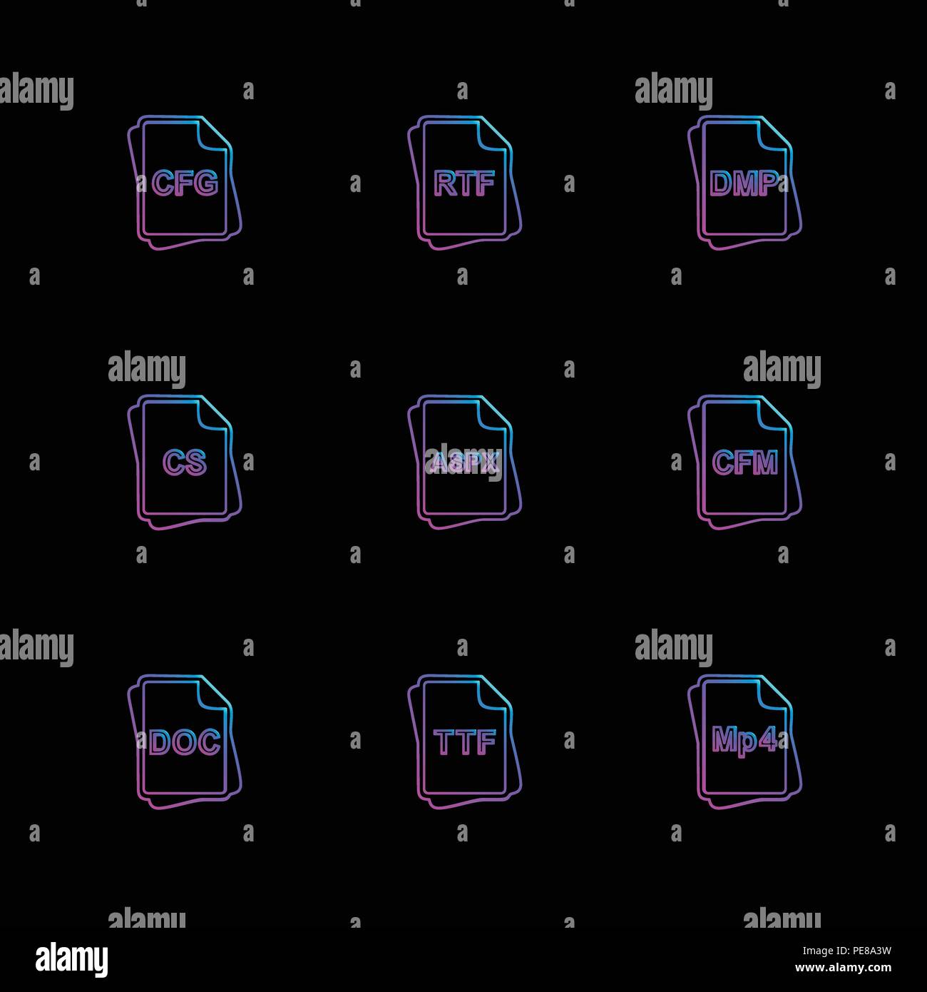 Dateityp, Dateien, Dokumente, Dateien, doc, ai, PSD, PDF, PNG, JPG, dmg, exe, MSD, apk, TXT, DOC, XLS, Html, Css, wav, mp3, mp4, db Stock Vektor