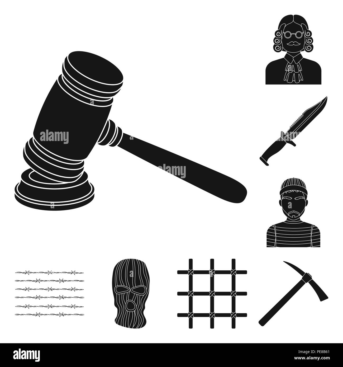 Gefängnis und die criminalblack Symbole im Set Sammlung für Design. Gefängnis und Attribute vektor Symbol lieferbar Abbildung. Stock Vektor