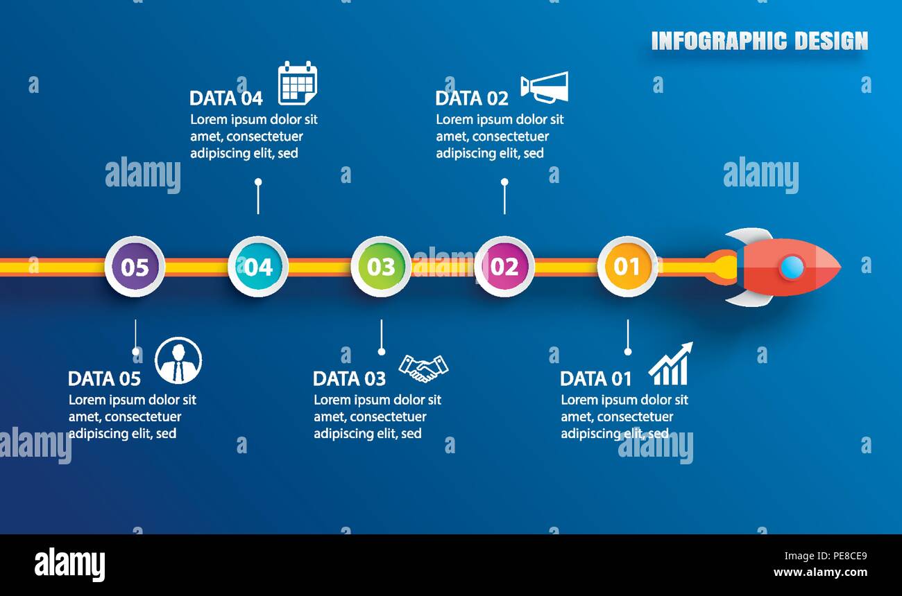 Start Infografiken mit 5 Kreis horizontal Daten vorlagen. Vector Illustration abstrakt Rakete Papier Kunst auf blauem Hintergrund. Kann für plannin verwendet werden. Stock Vektor