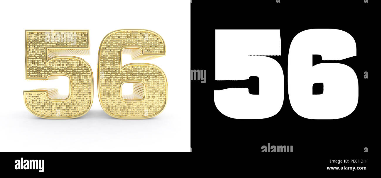 Goldene Zahl 50 Sechs (Nummer 56) auf weißem Hintergrund mit Schlagschatten und Alpha Kanal. 3D-Darstellung. Stockfoto