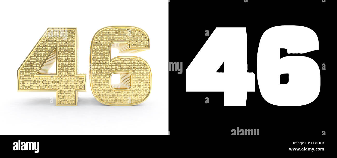 Goldene Zahl 46 (Nummer 46) auf weißem Hintergrund mit Schlagschatten und Alpha Kanal. 3D-Darstellung. Stockfoto