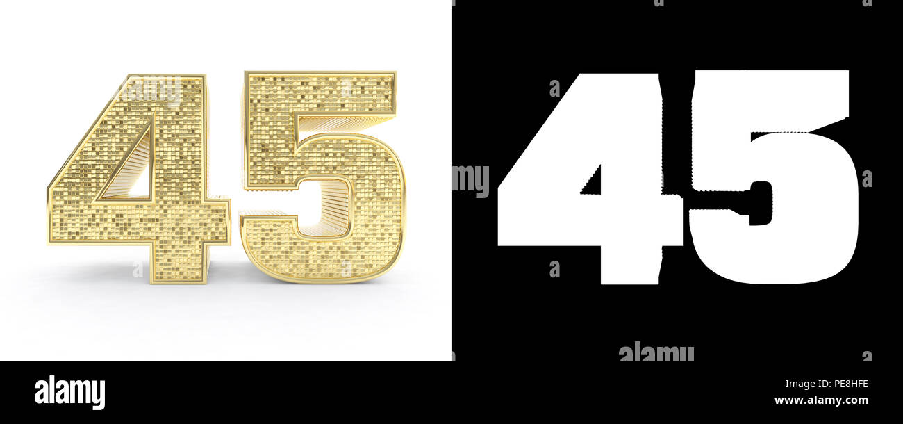 Goldene Zahl 45 (Nummer 45) auf weißem Hintergrund mit Schlagschatten und Alpha Kanal. 3D-Darstellung. Stockfoto
