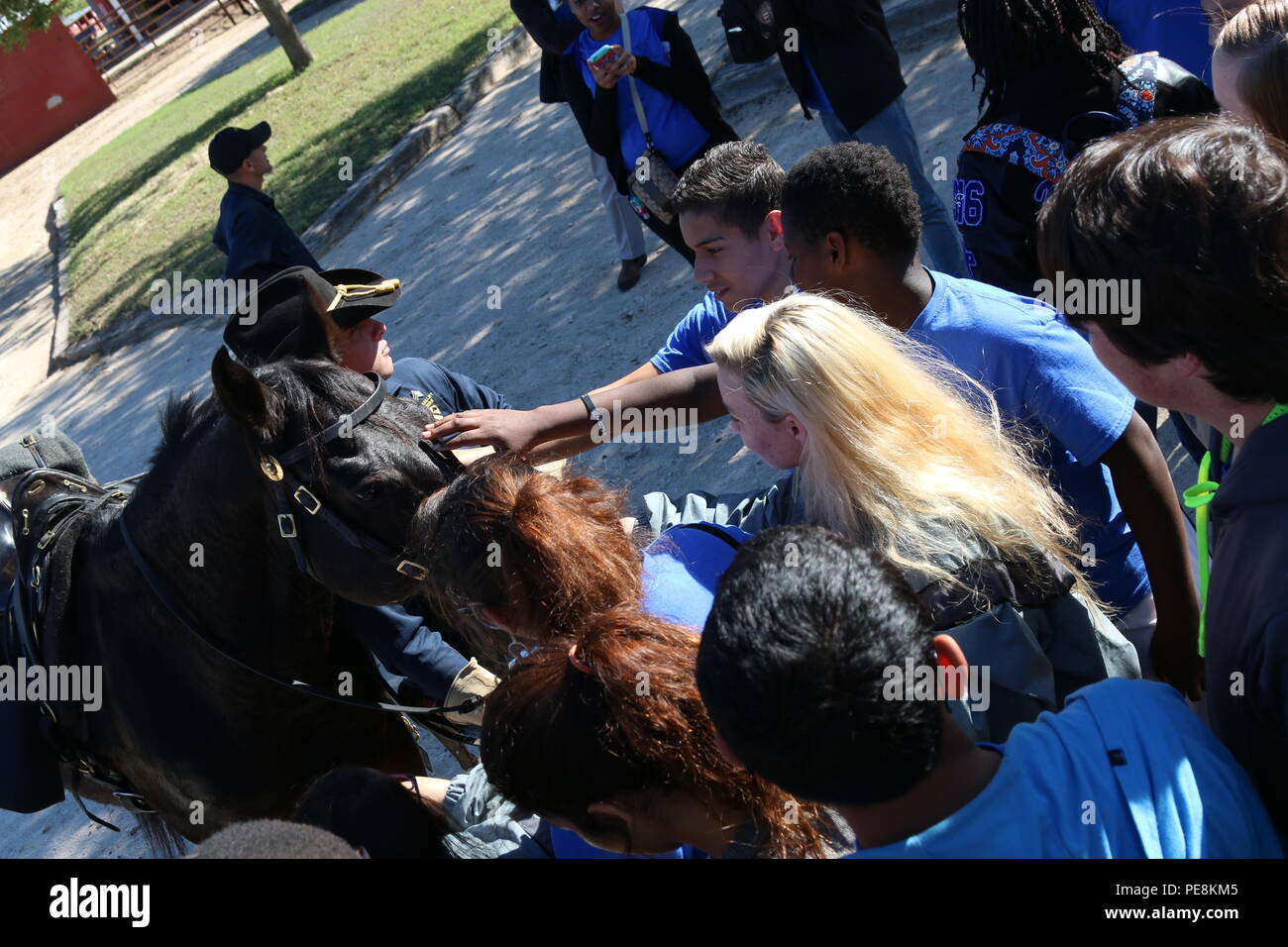 Kadetten von Summit's High School Junior Reserve Officer Training Corps (Jrotc) Programm Pet ein Pferd vom 1.Kavallerie Division Pferd Kavallerie Loslösung Okt. 29 in Fort Hood, Texas, während ein Besuch. Soldaten der 69th Air Defense Artillery Brigade bewirtete die JROTC Kadetten, der von Mansfield, Texas kam. (U.S. Armee Foto: Staff Sgt. Kimberly Lessmeister/69 ADA BDE. Public Affairs Office) Stockfoto