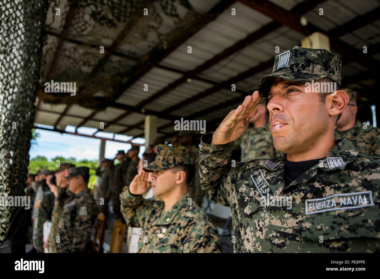 Verehrte Gäste, U.S. Marines mit speziellen Zweck Marine Air-Ground Task Force-Southern Befehl und honduranische Militär Mitglieder machen eine begrüssen Sie während der Wiedergabe des honduranischen Nationalhymne bei einer Abschlussfeier in Puerto Castilla, Honduras, Nov. 4, 2015. Die Zeremonie wurde das letzte Kapitel der sicherheitspolitischen Zusammenarbeit Team-Honduras' militärische Ausbildung mit der honduraner. SPMAGTF-SC ist eine vorübergehende Entsendung von Marinesoldaten und Matrosen in Honduras, El Salvador, Guatemala und Belize mit einem Fokus auf den Aufbau und die Pflege von Partnerschaften mit jedem Land durch Sha Stockfoto