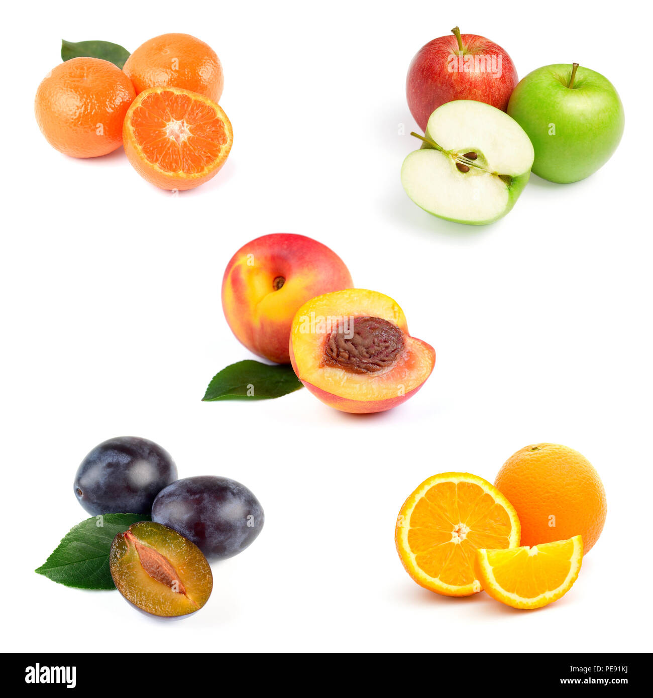 Satz von Raw saftige Früchte mit Blättern, isoliert auf weißem Hintergrund Stockfoto