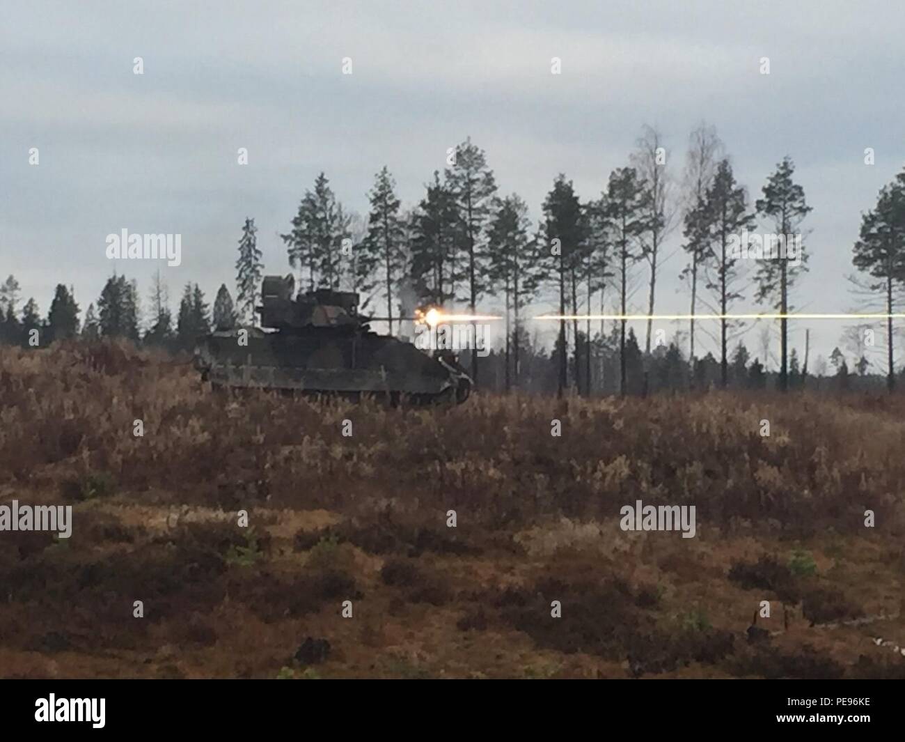 Infanteristen der 3rd Battalion, 69th Armored Regiment, 1. Brigade, 3 Infanterie Division, Feuer Bradley M2/M3 verfolgt gepanzerten Fahrzeug, auf Tapa Army Base, 07.11.13. Die infanteristen sind im Feld für neun Tage gemeinsame Übungen mit estnischen Soldaten zu führen, sowie ihre Fähigkeiten und der Estnischen Offiziere und nicht zulassen - unteroffizieren zu erleben das Abfeuern eines M1A2 SEP V2. Diese Aktivitäten sind Teil der US-Army Europe-geführten Operation Atlantik land Kraft Qualitätssicherung Ausbildung lösen überall in Estland, Lettland, Litauen und Polen multinationa zu verbessern Stockfoto