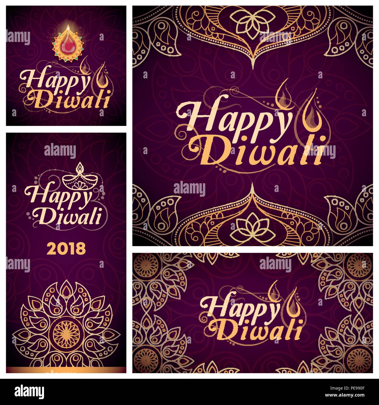 Satz von Happy Diwali Karten und Banner mit Text und Dekorationen Stock Vektor