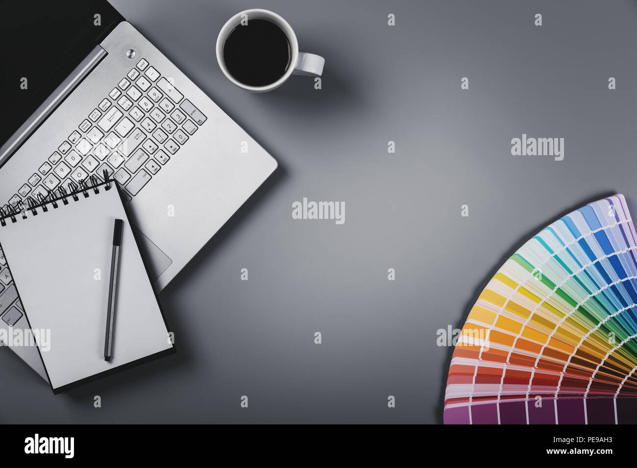 Designer Arbeitsplatz mit Farbpalette und Laptop. Ansicht von oben mit der Kopie Raum Stockfoto