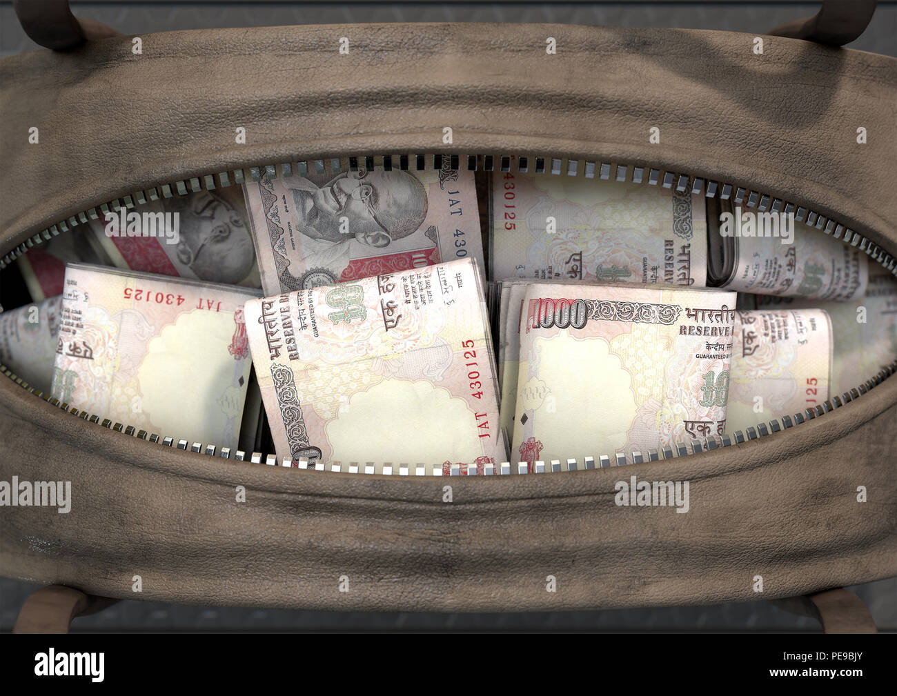 Ein schmuggel Konzept, das eine offene braun Leder Reisetasche enthüllt Bündel illegaler gerollt Indian Rupee Notizen - 3D-Rendering Stockfoto