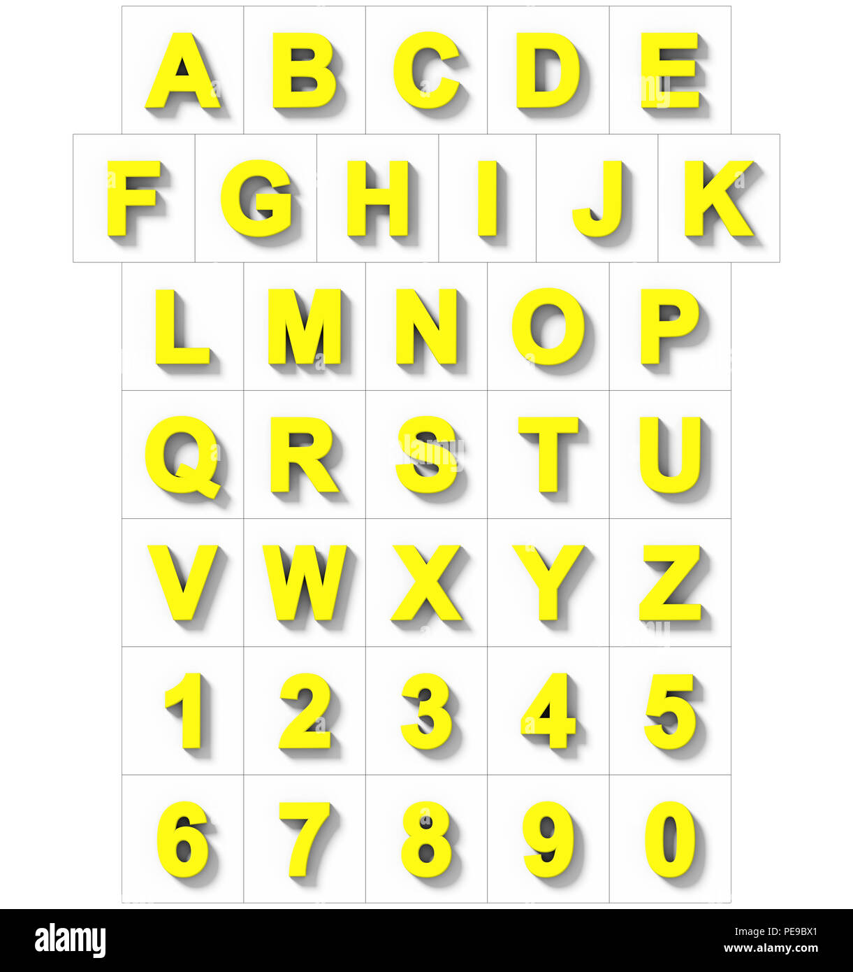 Buchstaben und Zahlen 3D Gelb auf Weiß mit Schatten isoliert-orthogonale Projektion - 3D-Rendering Stockfoto