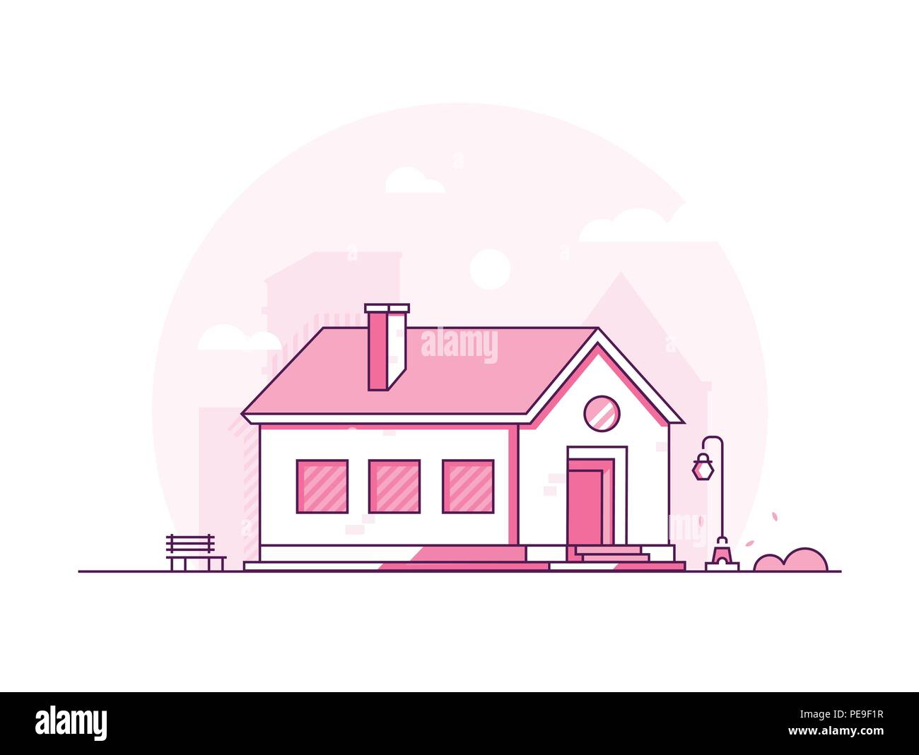 Schönes Haus - Moderne thin line Design Vektor Grafik auf weißem Hintergrund. Rosa gefärbte hochwertige Landschaft mit einer kleinen Geschichte buildi Stock Vektor