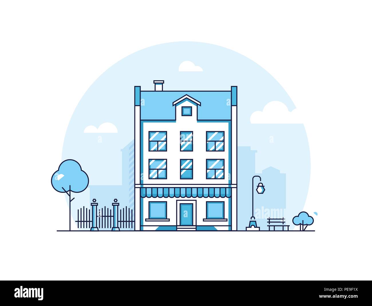 Stadt Gebäude - Moderne thin line Design Vektor Grafik auf weißem Hintergrund. Blau gefärbt Zusammensetzung mit einer Wohnung Haus, Shop mit Sun Stock Vektor