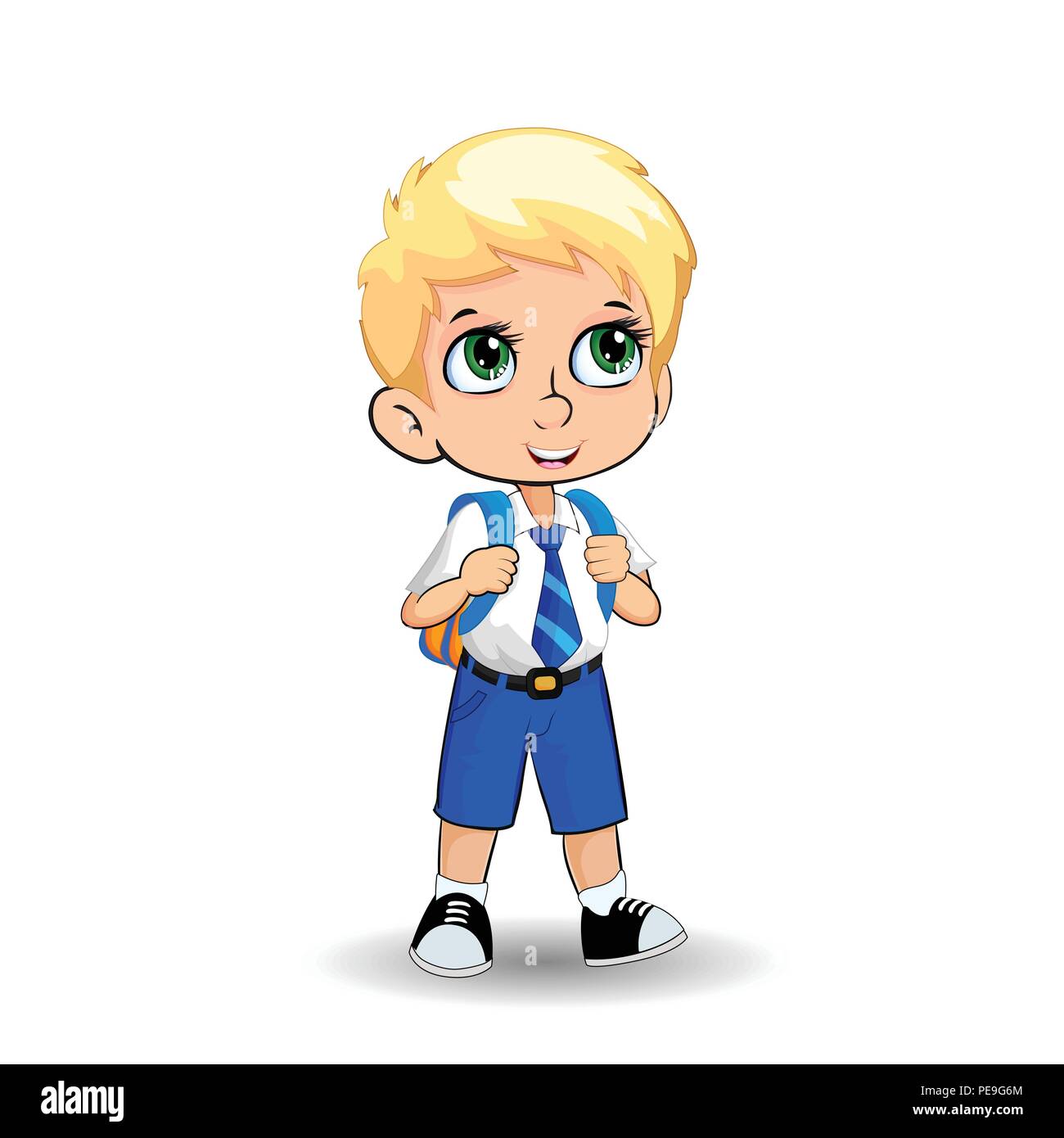 Süße kleine blonde Schule Junge mit großen grünen Augen tragen Uniform mit Rucksack auf weißem Hintergrund. Vector Illustration, Clip Art, Vorlage, Stock Vektor