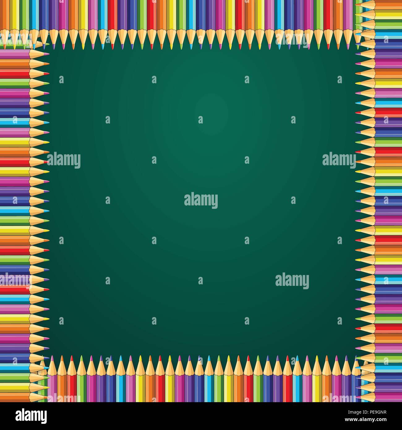 Vektor bunte quadratischen Rahmen der bunten Regenbogen Buntstifte auf grüner Tafel Hintergrund mit leere Platz für Text. Zurück zu Schule oder Tee Stock Vektor